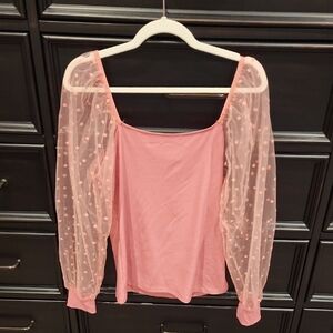 Pink Puff Sleeve Polka Dot Top - Size Large